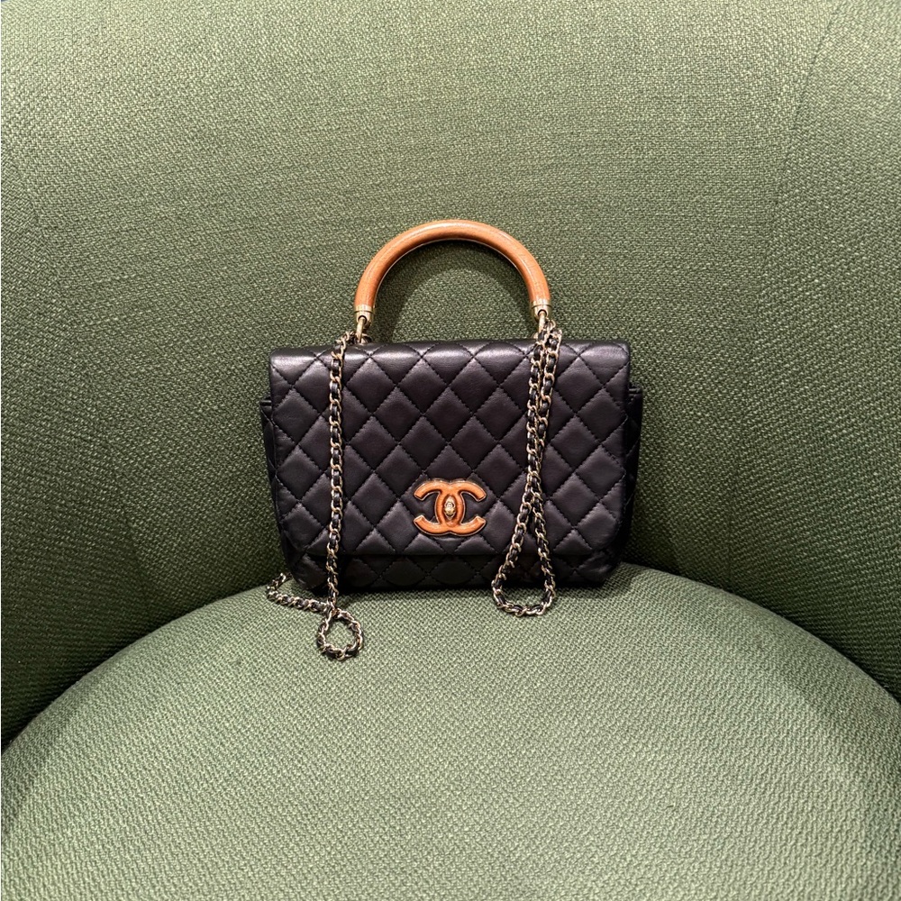 Chanel Black Quilted Shoulder Bag with Tan Handle